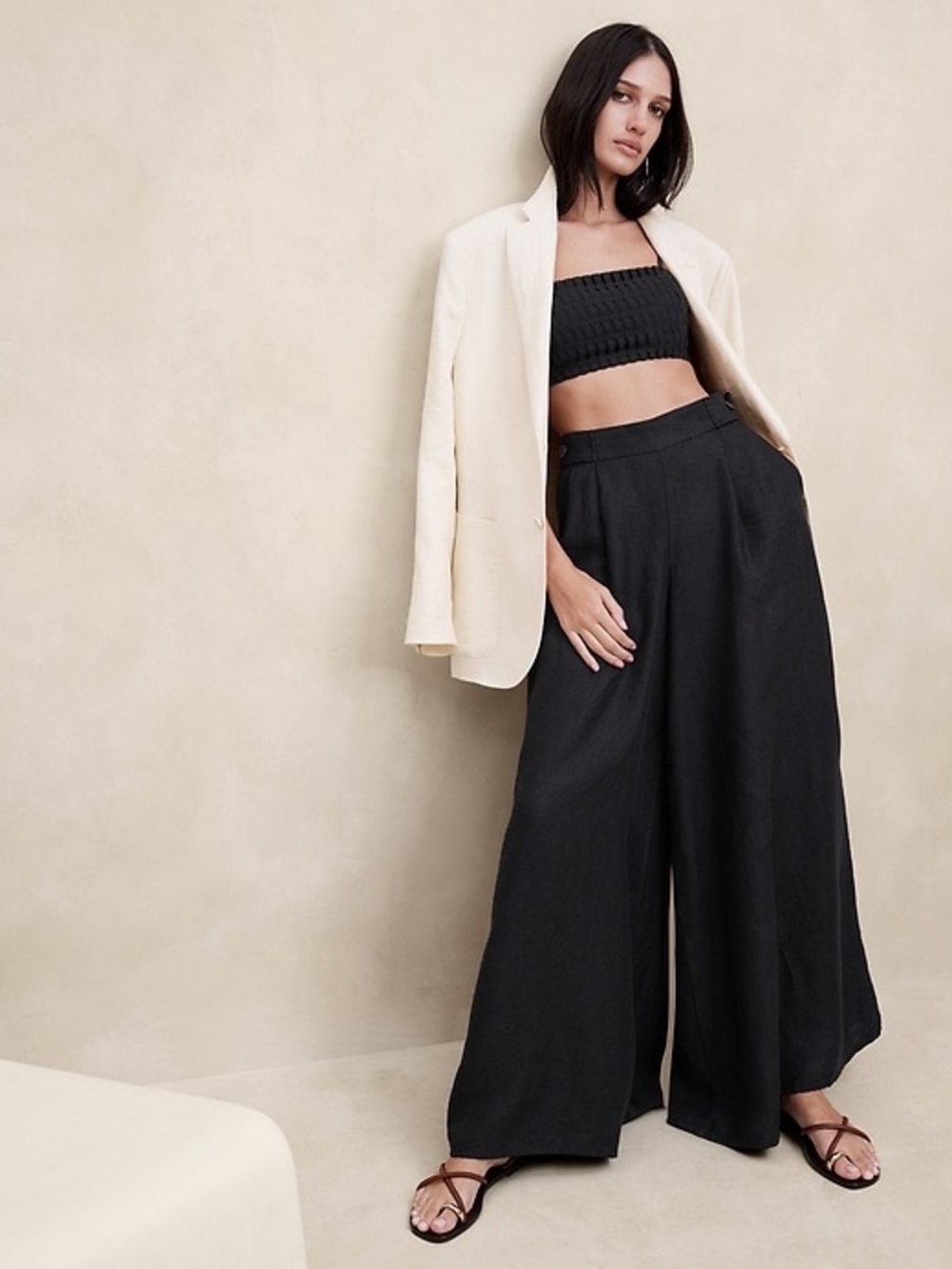 Banana Republic Linen Blend Black Wide Leg Pants Medium Elastic Waist